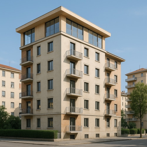 Sopraelevazione di un condominio con piano aggiuntivo in legno e vetro in contesto urbano italiano, edificio moderno con integrazione architettonica visibile e armoniosa.