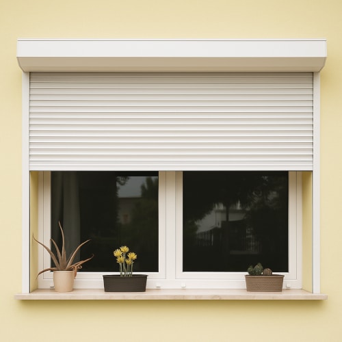 Tapparella automatica in PVC bianco parzialmente abbassata su finestra moderna con infissi bianchi e davanzale con piante, in contesto italiano domestico.