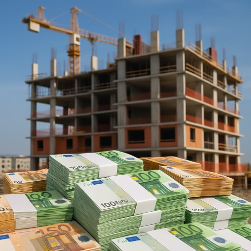 Pile di banconote da 50 e 100 euro davanti a edifici residenziali in costruzione, simbolo degli investimenti necessari per la direttiva Case green e per la transizione energetica edilizia in Italia.