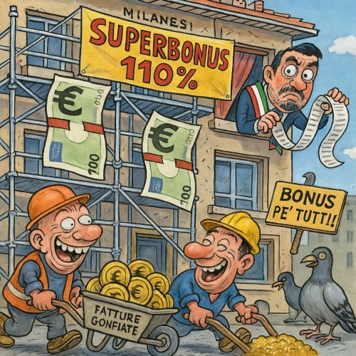 Illustrazione satirica di un condominio milanese con impalcature e banconote, ispirata alla truffa Superbonus da 23 milioni legata al palazzo dove ha casa Salvini.