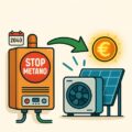 Infografica illustrata sulla sostituzione delle caldaie a metano con alternative sostenibili come pompe di calore, solare termico e biometano, in linea con la direttiva EPBD.