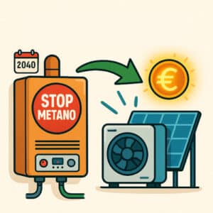 Infografica illustrata sulla sostituzione delle caldaie a metano con alternative sostenibili come pompe di calore, solare termico e biometano, in linea con la direttiva EPBD.