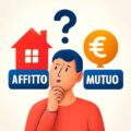 Persona al bivio tra affitto e mutuo con simboli euro e casa, concetto di scelta immobiliare in Italia nel 2025