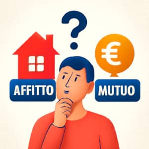 Persona al bivio tra affitto e mutuo con simboli euro e casa, concetto di scelta immobiliare in Italia nel 2025