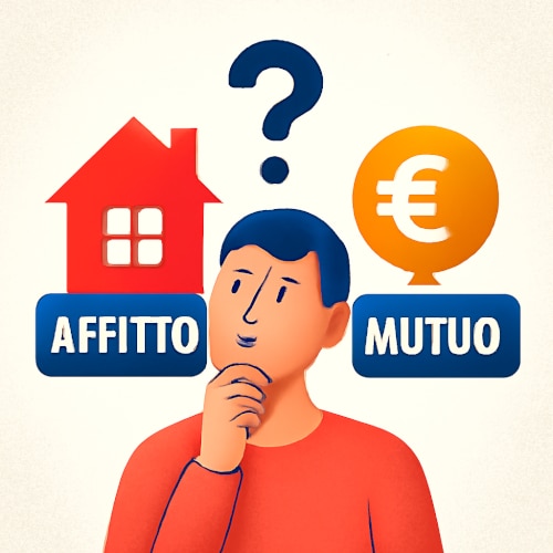 Persona al bivio tra affitto e mutuo con simboli euro e casa, concetto di scelta immobiliare in Italia nel 2025
