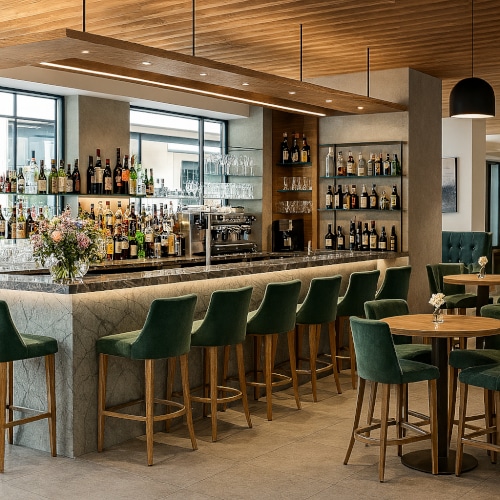 Bar moderno con bancone in marmo e sgabelli in velluto verde in un progetto di arredo contract.