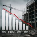Grafico in declino sugli investimenti edilizi dal 2024 al 2027, con un cantiere abbandonato sullo sfondo, evidenziando il calo del 6,1% e la carenza di 250.000 case secondo il report Cresme.