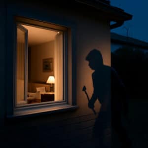 Finestra aperta di notte con l'ombra di un ladro che si avvicina di nascosto per un furto in casa, impugnando un piede di porco.