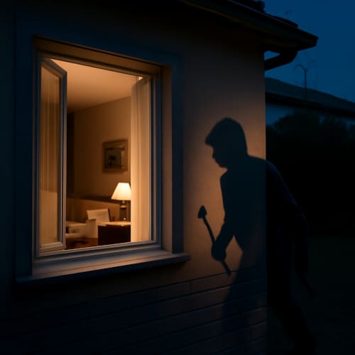 Finestra aperta di notte con l'ombra di un ladro che si avvicina di nascosto per un furto in casa, impugnando un piede di porco.