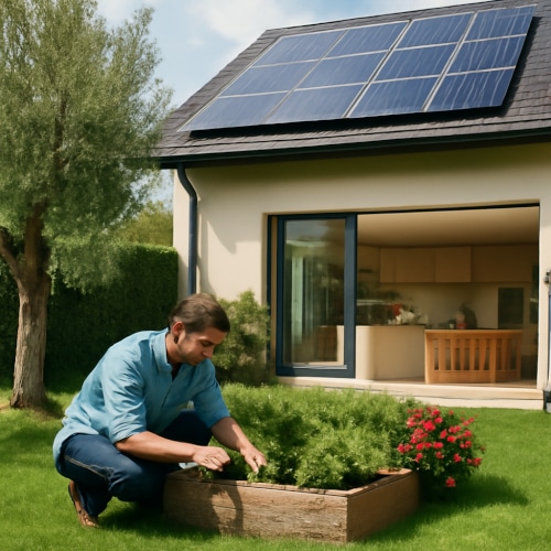 Uomo che cura un giardino con aiuole rialzate, davanti a una casa moderna ideale con pannelli solari e una cucina aperta, simbolo della casa ideale con efficienza energetica e ampi spazi.