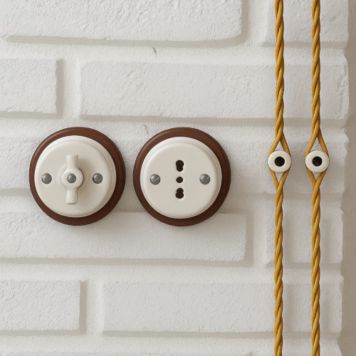 Prese e interruttori a vista in ceramica per impianto elettrico stile vintage su parete in mattoni bianchi.