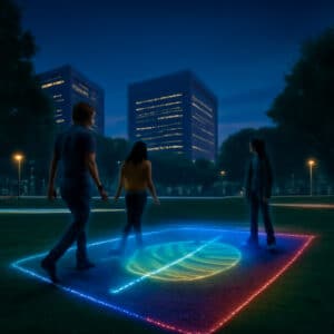 Parco urbano futuristico al crepuscolo con ProgrammableGrass, un'installazione interattiva illuminata da LED con un motivo di foglia che brilla, dove tre persone interagiscono con diverse sezioni colorate del display