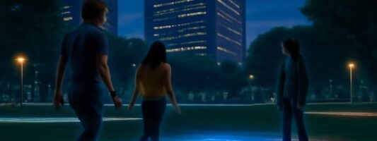 Parco urbano futuristico al crepuscolo con ProgrammableGrass, un'installazione interattiva illuminata da LED con un motivo di foglia che brilla, dove tre persone interagiscono con diverse sezioni colorate del display