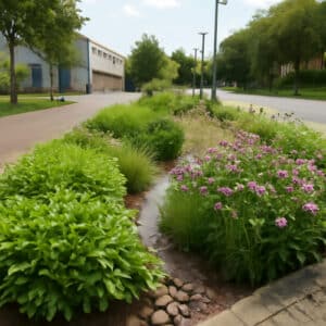 Illustrazione realistica di un rain garden urbano con piante autoctone e terreno drenante, esempio di infrastruttura verde sostenibile in città italiane.