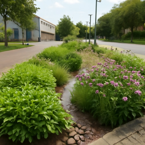 Illustrazione realistica di un rain garden urbano con piante autoctone e terreno drenante, esempio di infrastruttura verde sostenibile in città italiane.