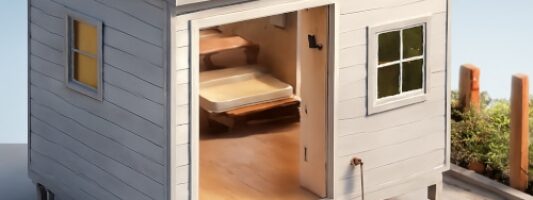 Casa mobile prefabbricata stile Tata Nano House con pannello solare sul tetto, struttura rialzata su palafitte e interni visibili attraverso la porta aperta.