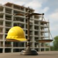 Bilancia della giustizia con casco da cantiere su un piatto davanti a edificio in costruzione, concetto di equilibrio tra edilizia e responsabilità legale per lavori edili.