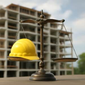 Bilancia della giustizia con casco da cantiere su un piatto davanti a edificio in costruzione, concetto di equilibrio tra edilizia e responsabilità legale per lavori edili.