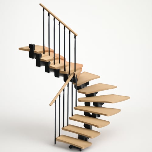 Scala arredo elegante con gradini in legno chiaro e supporti metallici neri, in un ambiente minimalista