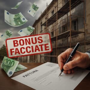 Ponteggio fatiscente davanti a edificio in Italia con banconote da 100 euro e fattura gonfiata per truffa bonus facciate.