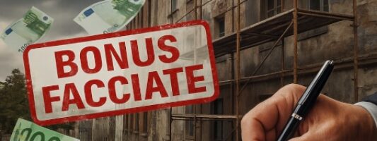 Ponteggio fatiscente davanti a edificio in Italia con banconote da 100 euro e fattura gonfiata per truffa bonus facciate.