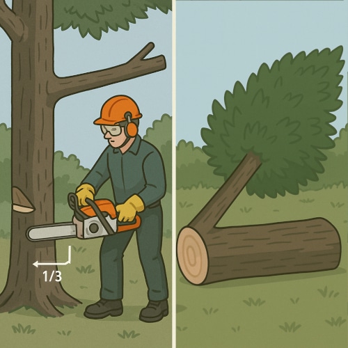 Abbattimento sicuro di un albero – tecnica con motosega.