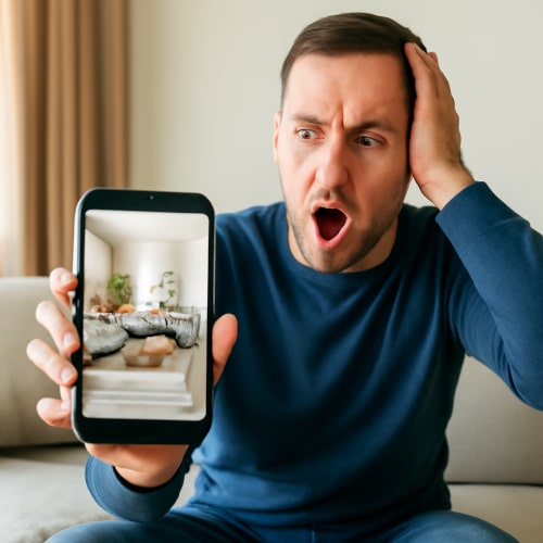 Uomo sorpreso mentre osserva il rendering di intelligenza artificiale per arredare casa su uno smartphone, seduto su un divano in un soggiorno moderno.