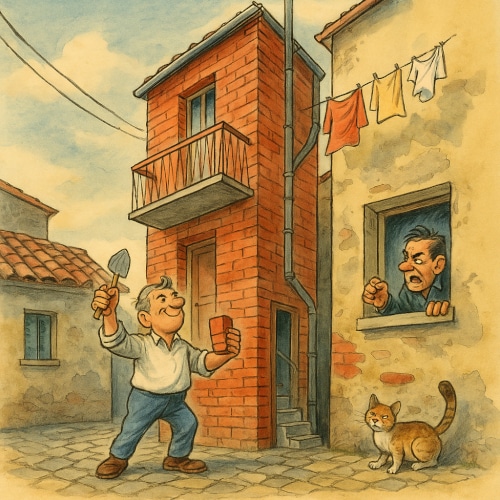 Illustrazione in stile vintage della Casa del Dispetto di Petralia Sottana, due vicini litigano davanti alla facciata più stretta d'Italia.