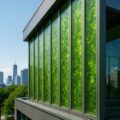 Facciata di edificio moderno con pannelli verticali di alghe mangiasmog che assorbono inquinamento.