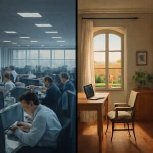 Confronto tra ufficio aziendale affollato e home office accogliente in contesto italiano, simbolo del dibattito sul lavoro ibrido.