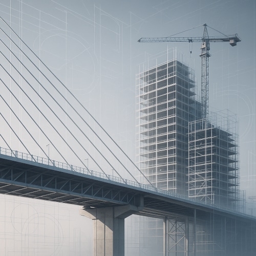Rendering 3D di un ponte moderno a cavi e un grattacielo in costruzione con gru, rappresentazione della pratica per Genio Civile.
