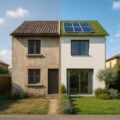 Casa green moderna con pannelli solari e giardino sostenibile.