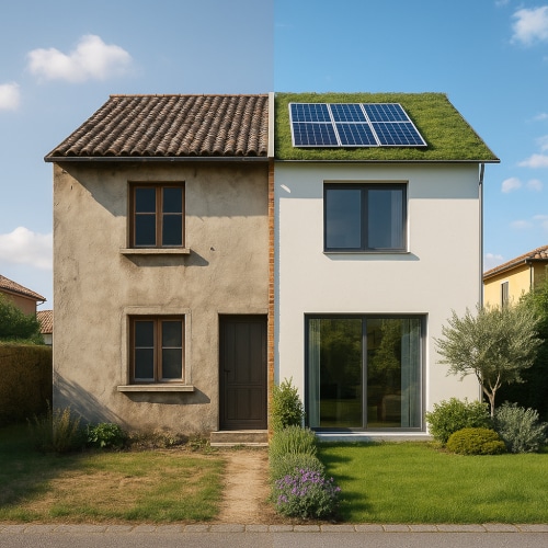 Casa green moderna con pannelli solari e giardino sostenibile.