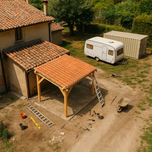 Fotografia aerea di un tipico contesto rurale italiano con tettoia in legno e coppi in fase di montaggio, roulotte bianca e container beige sullo sfondo. L’immagine illustra un intervento edilizio potenzialmente classificato come nuova costruzione. Ecco perché serve il permesso di costruire secondo la normativa urbanistica italiana.
