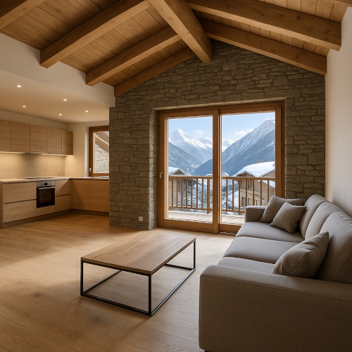 Interno appartamento ristrutturato ad Aosta con vista montagne, stile alpino moderno.