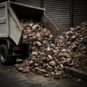 Camioncino che scarica abusivamente rifiuti e macerie edili su strada, cumulo di mattoni e cemento abbandonati – Dl 116/2025 multe e sospensione patente.