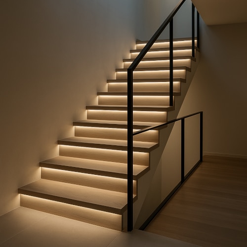 Scala interna moderna in legno con illuminazione LED integrata nei gradini e corrimano in metallo nero.