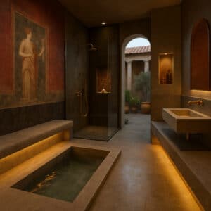 Raggio di luce su frigidarium circolare in un bagno lusso a Pompei, con pareti rosso pompeiano e vapore, atmosfera spa.