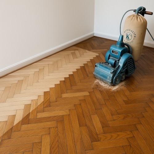 Restauro parquet con levigatrice: posa a spina di pesce, metà pavimento levigato chiaro e metà con finitura ambrata.