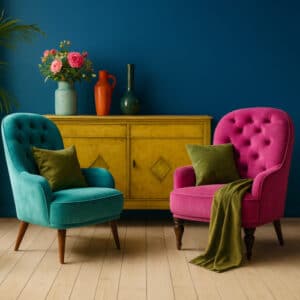 Living con parete blu, poltrone in velluto fucsia e turchese, madia gialla: esempio di dopamine decor per un arredo casa felice.