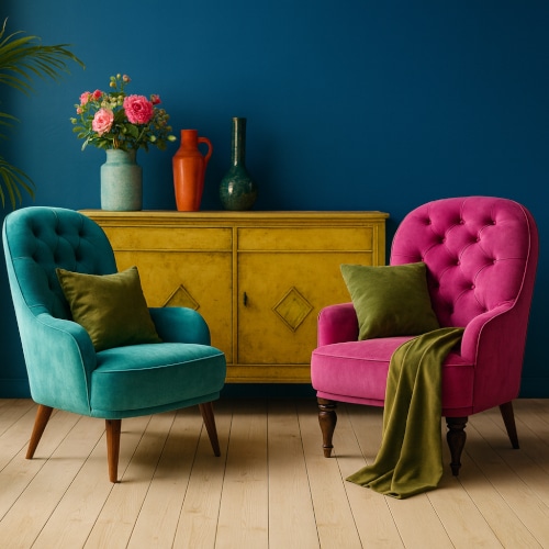 Living con parete blu, poltrone in velluto fucsia e turchese, madia gialla: esempio di dopamine decor per un arredo casa felice.