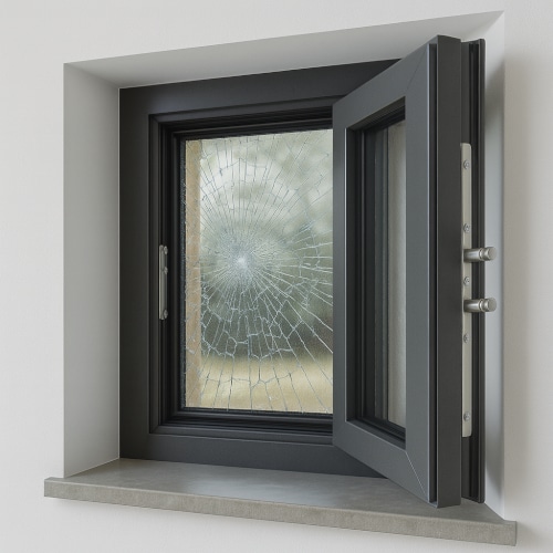 Finestra blindata antisfondamento in alluminio con vetro stratificato incrinato e serratura multipunto su parete interna, immagine realistica.