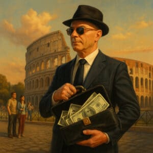 Uomo elegante con valigetta di soldi davanti al Colosseo al tramonto, simbolo dei ricchi stranieri che investono nel mercato immobiliare italiano grazie alla flat tax.