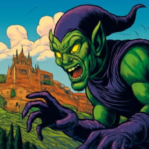 Green Goblin di Spider-Man (interpretato al cinema da William Dafoe) minaccia Orvieto in stile fumetto, con il paesaggio umbro sullo sfondo