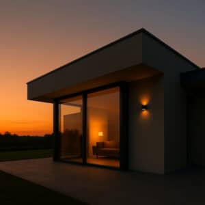 Casa smart moderna al tramonto con luci intelligenti, simbolo della nuova tecnologia domotica che fa crescere il valore dell’immobile fino all’80%