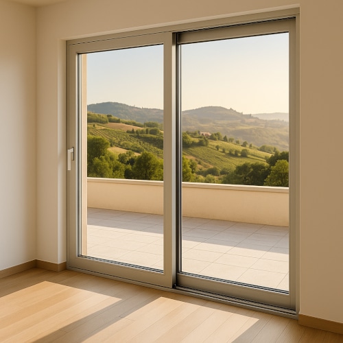 Porta finestra scorrevole in alluminio affacciata su terrazza con colline italiane. Finestra scorrevole in alluminio che si apre su terrazza con paesaggio collinare italiano