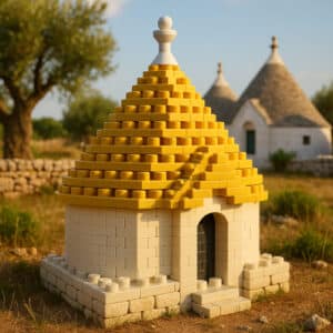 Un trullo “a mattoncini” in primo piano e trulli veri sullo sfondo: illustrazione 3D evocativa ispirata ad Alberobello e alla tradizione costruttiva pugliese.