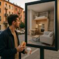 Giovane con panino e caffè in mano che guarda il rendering di un mini monolocale moderno in città, concetto casa low cost di Abitare Veneto