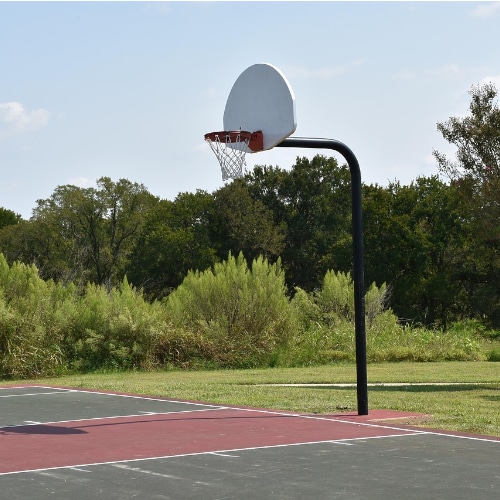 Campo da basket all’aperto con canestro e tabellone su pavimentazione in asfalto, circondato da alberi in un parco privato.