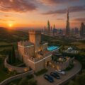 Vista aerea del castello di Antognolla in Umbria con elementi moderni, piscina panoramica, auto di lusso e skyline futuristico sullo sfondo che richiama il lusso di Dubai.